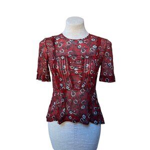 Veronica Beard Sheer Floral Blouse Retro 40s Peplum Pintuck Pleating Women's 2